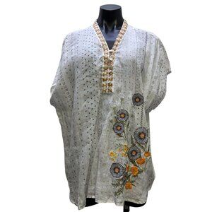 Johnny Was Linen Floral Embroidered Blouse White Multi M